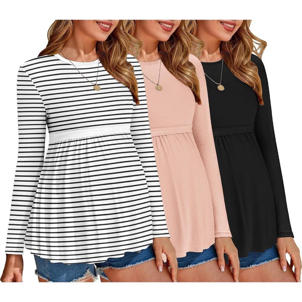 Maternity Shirts 3 Packs Pleated Long Sleeve Tops Tunic Casual Pregnancy Clothes